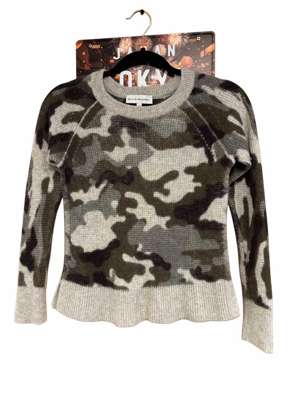 White + Warren Olive Camo Crewneck cashmere Sweater with Scalloped Hem